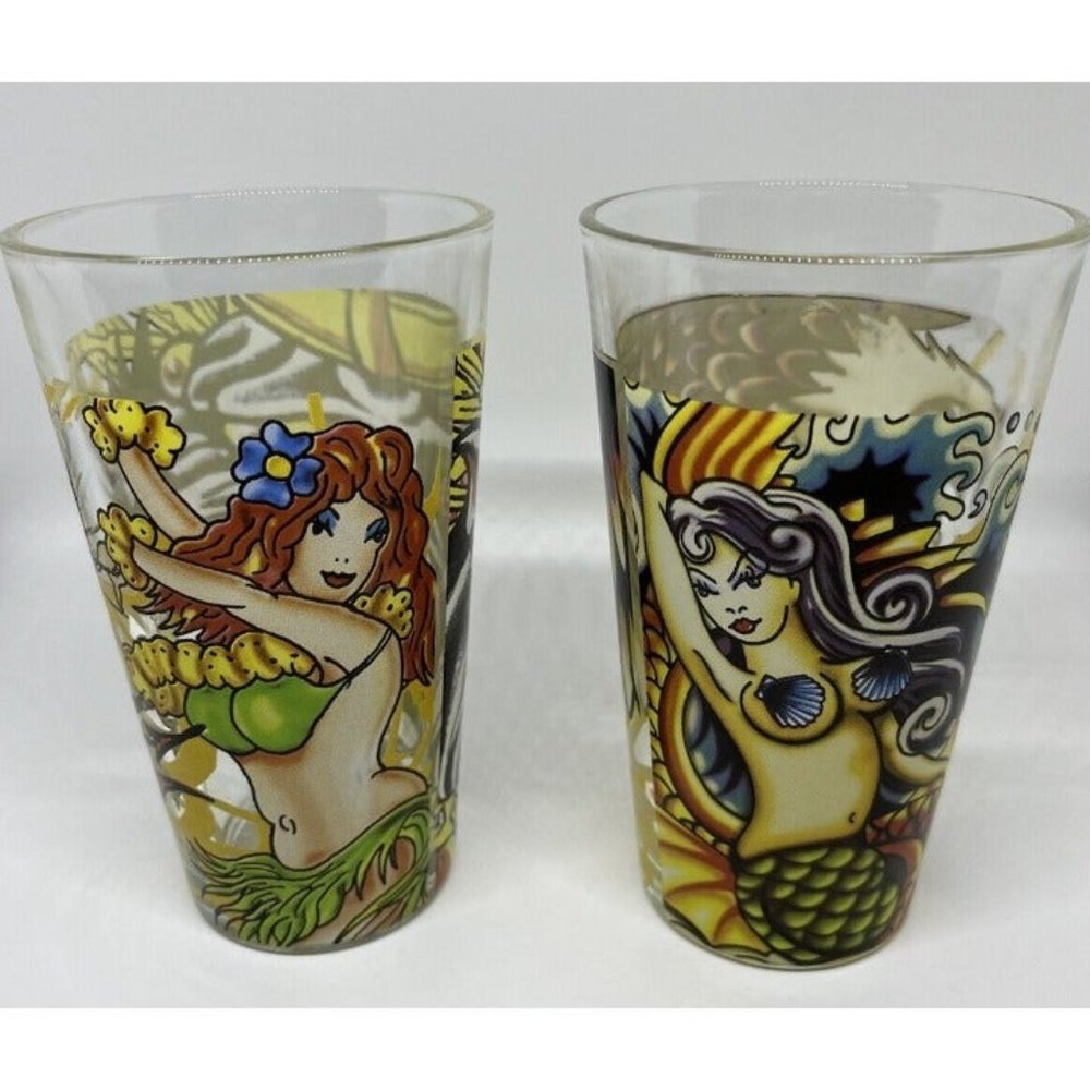 Ed Hardy 16oz Drinking Glass Christian Audigier  Mermaid/Eagle & Tiger/Lei Girl